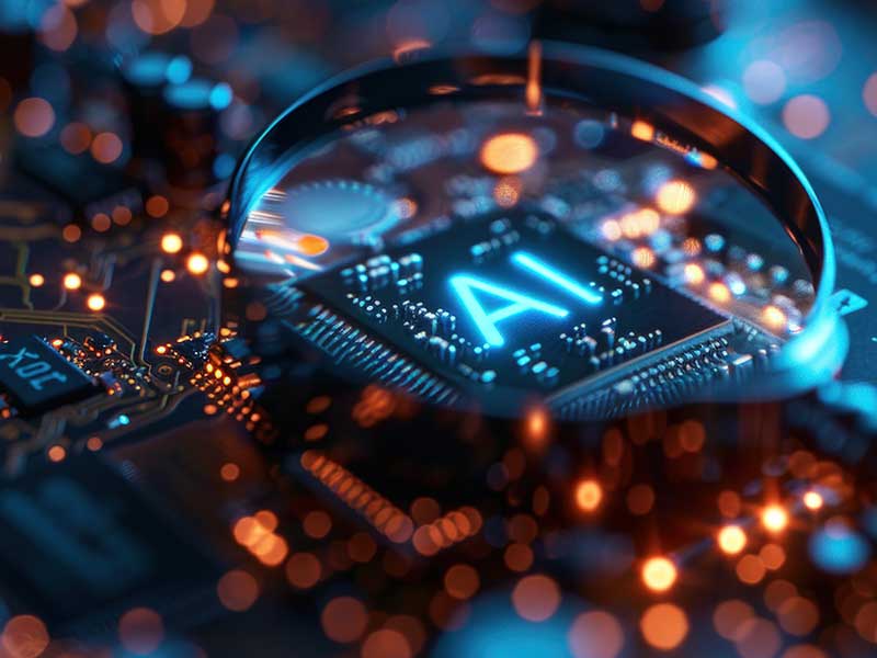 magnifying-glass-focuses-on-a-computer-chip-with-the words AI