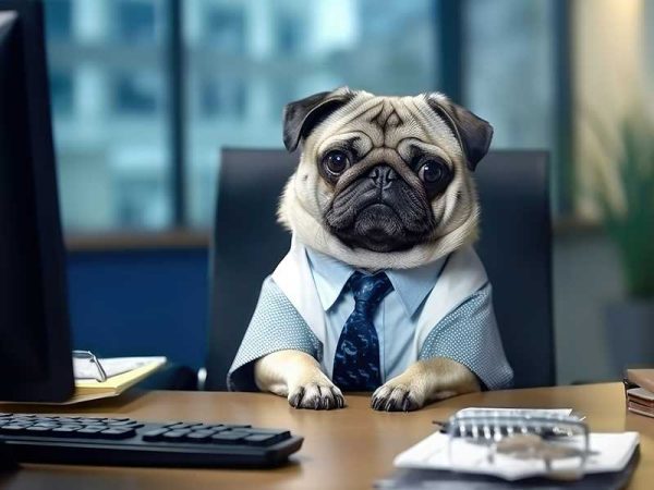 Pug dog at compter desk wearing shirt and tie